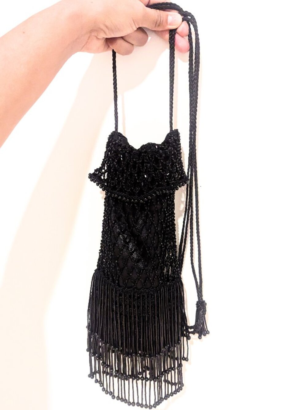 Black Beaded Fringe Mini Crossbody Bag
